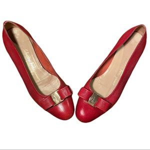 Salvatore Ferragamo Red Embossed Leather Flats w/ Gold Metal Logo Bow - 8C